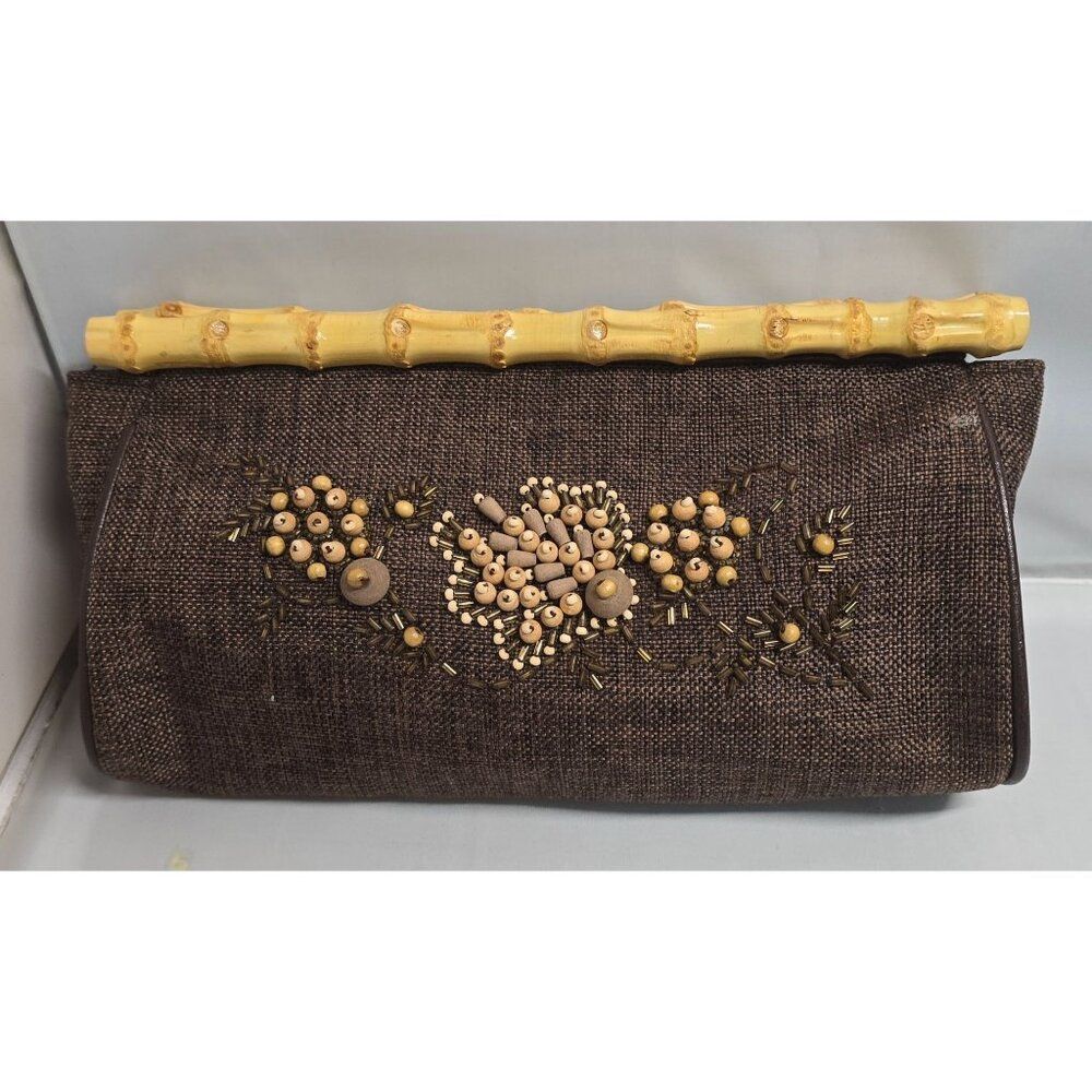 Vintage Brown Woven Clutch With Bamboo Handle & Beaded Floral Detail